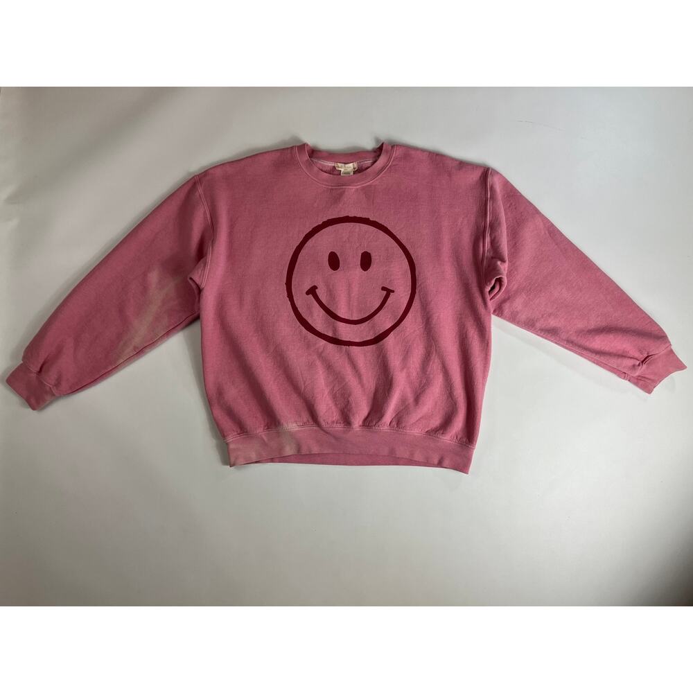Altar'd State Women S Pink Smiley Face Fleece Sweatshirt Crewneck